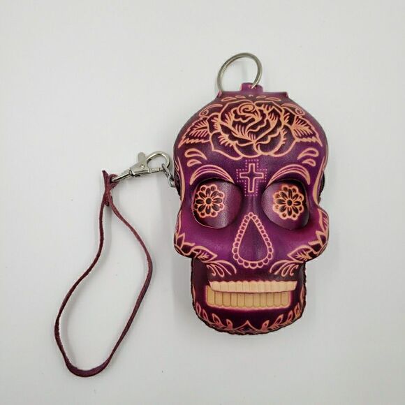 Sugar Skull Leather Wristlet Small Purple Coin Purse Keychain Calavera Wallet - Picture 3 of 16